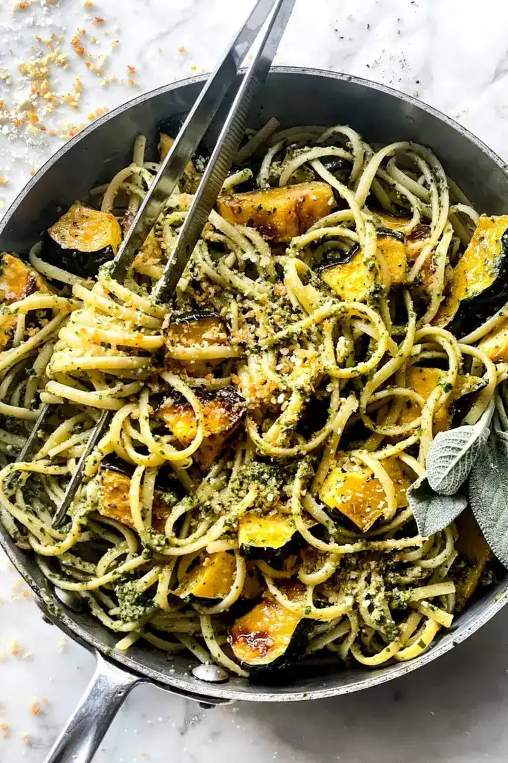 Roasted Acorn Squash Pasta with Kale Pesto Recipe by Foodie Crush
