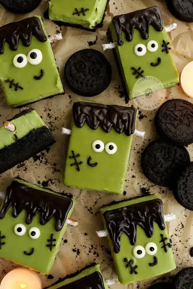 No-Bake Frankenstein Cheesecake Bars Recipe by The Little Blog of Vegan

