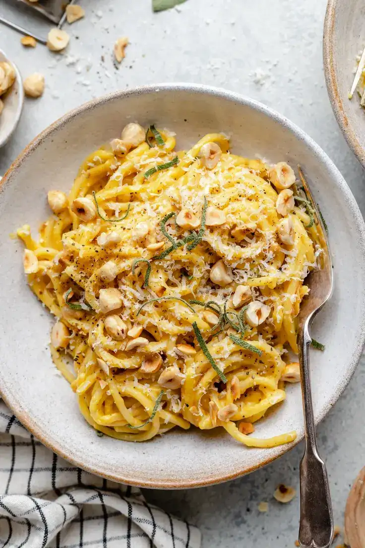 Brown Butter Acorn Squash Pasta with Toasted Hazelnuts + Sage Recipe by Ambitious Kitchen
