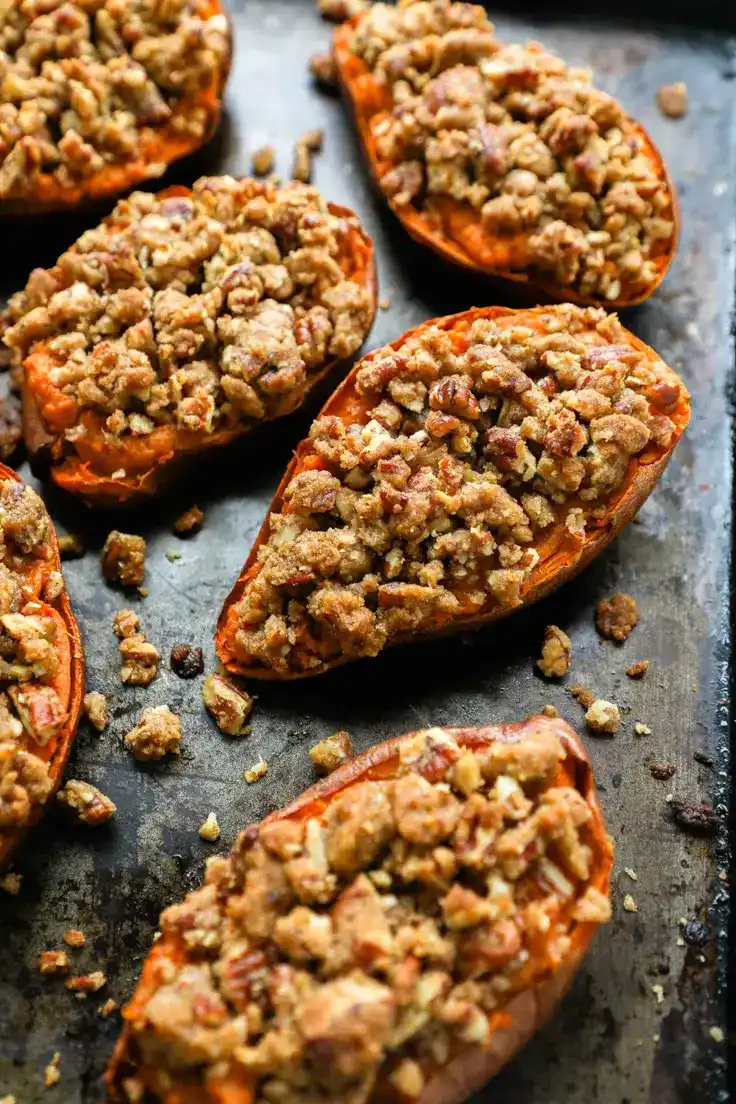Twice Baked Sweet Potatoes with Pecan Streusel Recipe by Kalefornia Kravings
