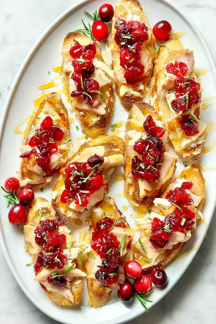 Melted Swiss, Turkey, & Cranberry Crostini Recipe by Foodie Crush