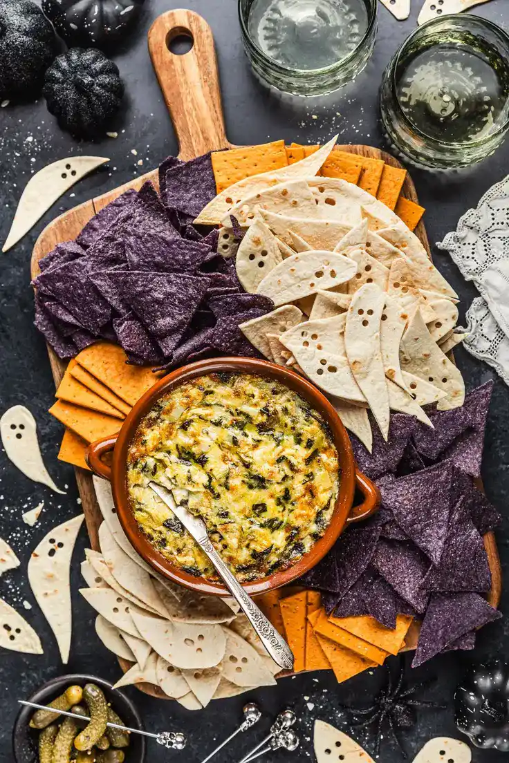 Spooky Halloween Chips & Artichoke Dip Recipe by Sunday Table